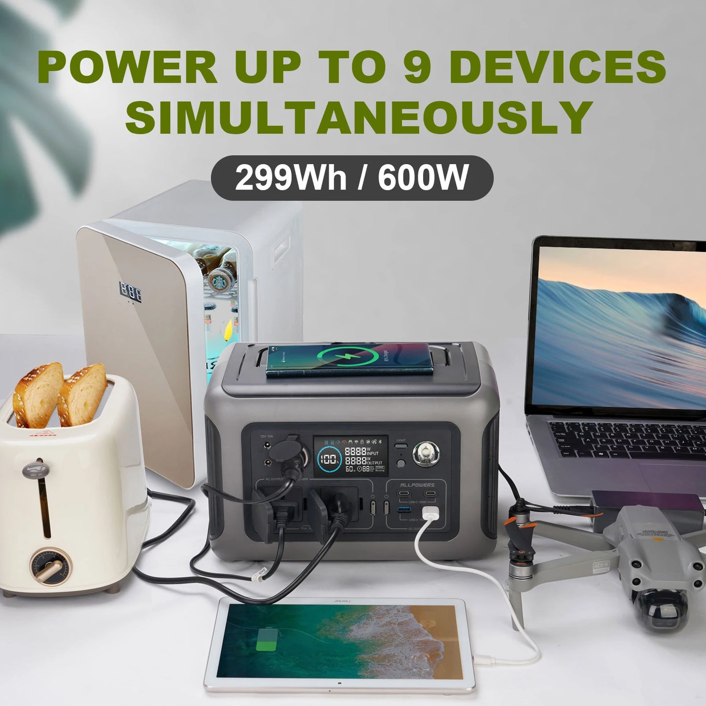 ALLPOWERS Portable Power Station R600, 299Wh LiFeP04 Battery with 2x 600W (1200W Surge)